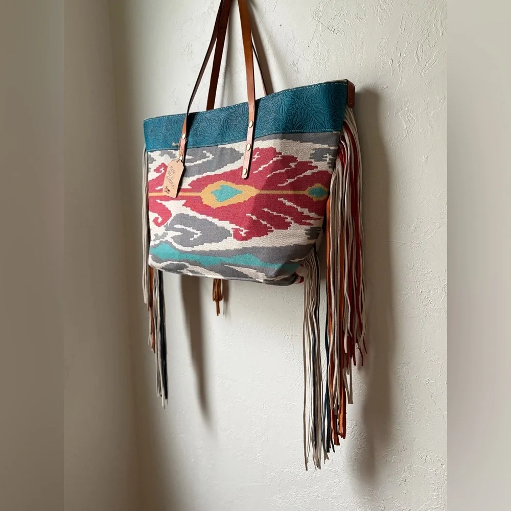 Handmade Leather Fringe Tote Southwestern Ikat Boho Oversized Bag - Picture 5 of 12